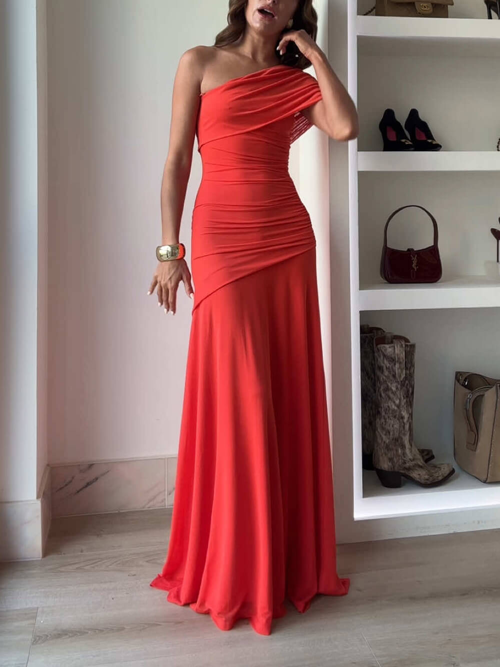 Elegance Effortless  Mesh Off Shoulder Ruched Stretch Maxi Dress Elsen Amsterdam
