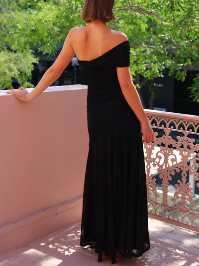 Elegance Effortless  Mesh Off Shoulder Ruched Stretch Maxi Dress Elsen Amsterdam