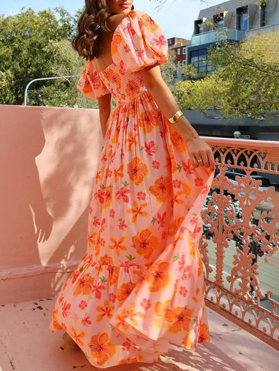 Puff Sleeve Floral Print Back Smocked Pocket Maxi Dress Elsen Amsterdam