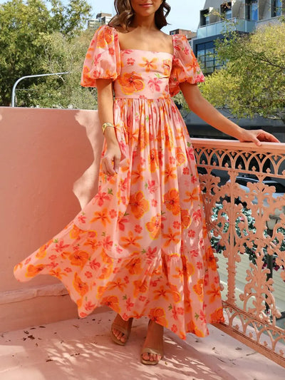 Puff Sleeve Floral Print Back Smocked Pocket Maxi Dress Elsen Amsterdam