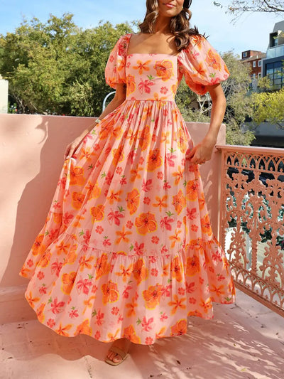 Puff Sleeve Floral Print Back Smocked Pocket Maxi Dress Elsen Amsterdam