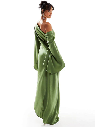 Green Asymmetrical Hem Satin Maxi Dress Elsen Amsterdam