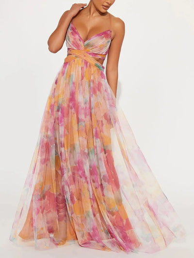 Elegant Painted Floral Print V-Neck A-Line Maxi Dress Elsen Amsterdam
