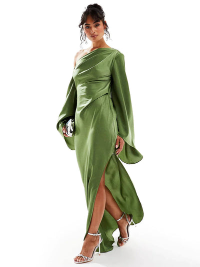 Green Asymmetrical Hem Satin Maxi Dress Elsen Amsterdam