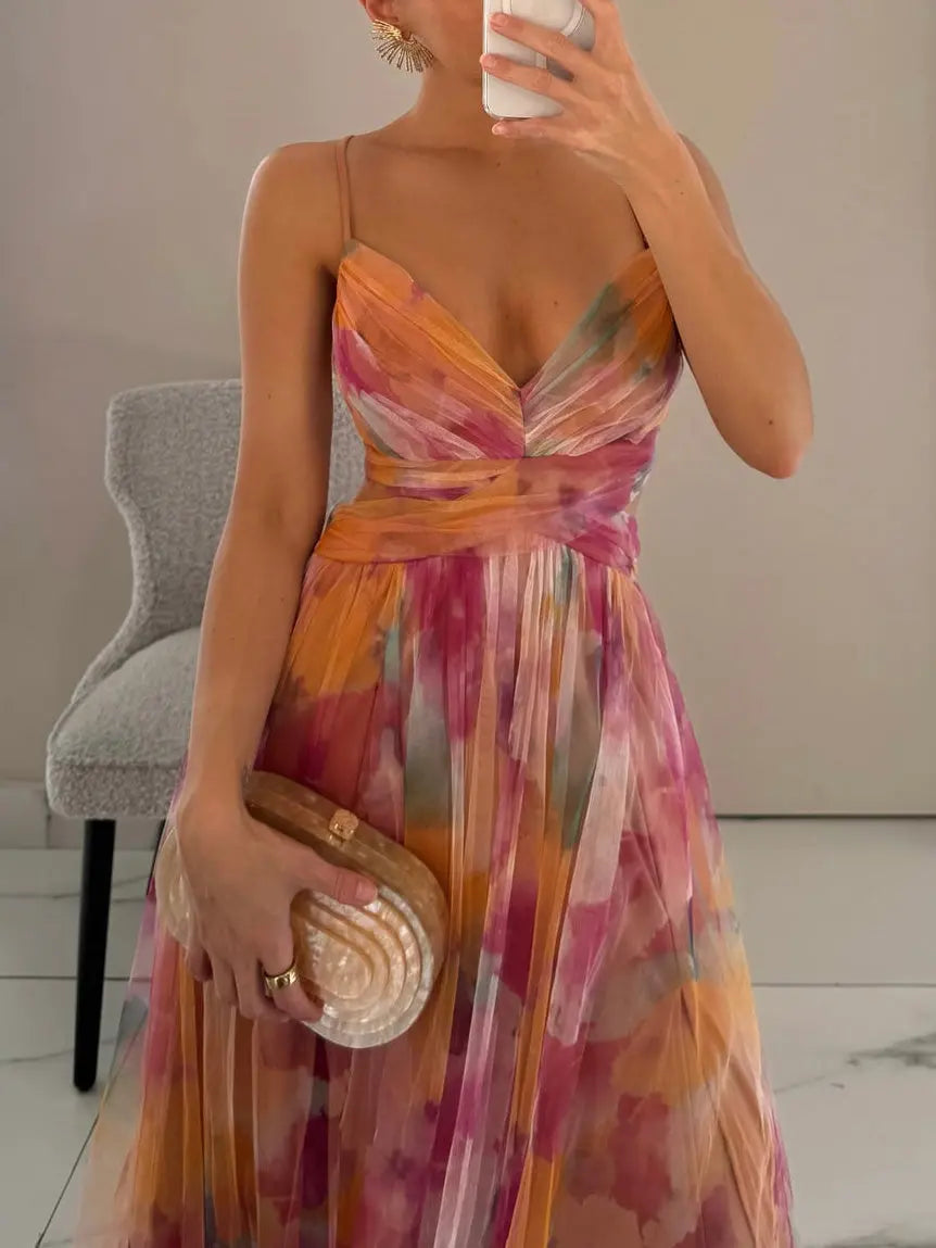Elegant Painted Floral Print V-Neck A-Line Maxi Dress Elsen Amsterdam