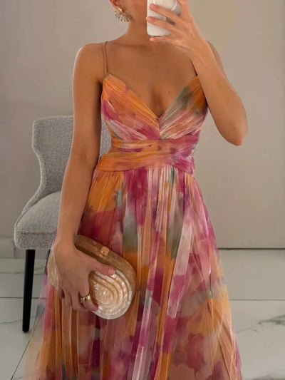 Elegant Painted Floral Print V-Neck A-Line Maxi Dress Elsen Amsterdam