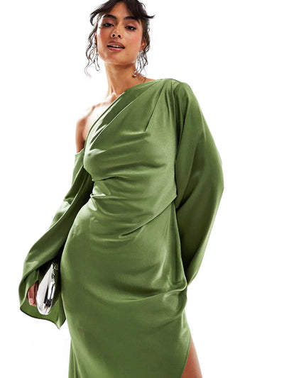 Green Asymmetrical Hem Satin Maxi Dress Elsen Amsterdam