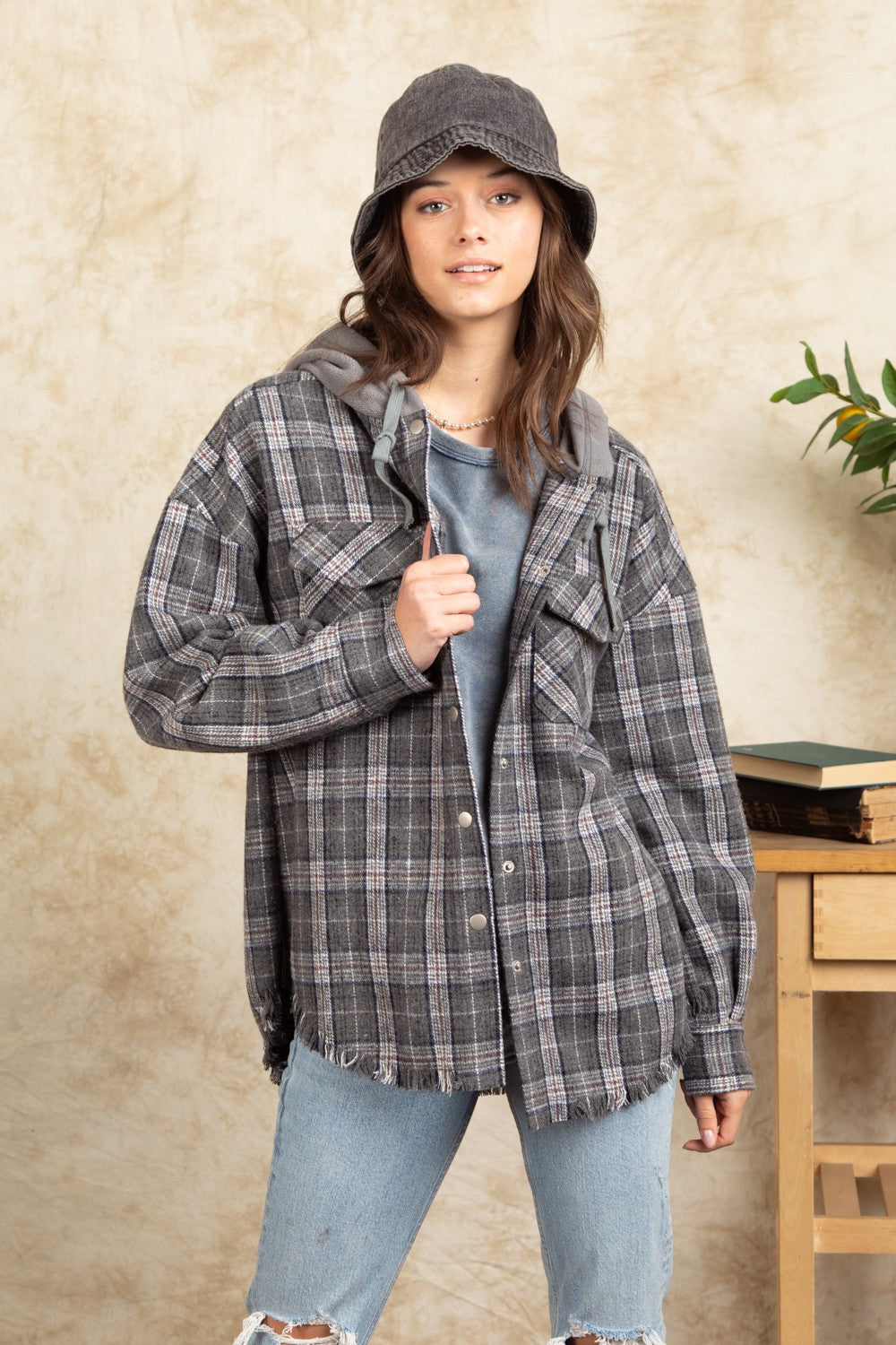Western Plaid Hooded Shirt
