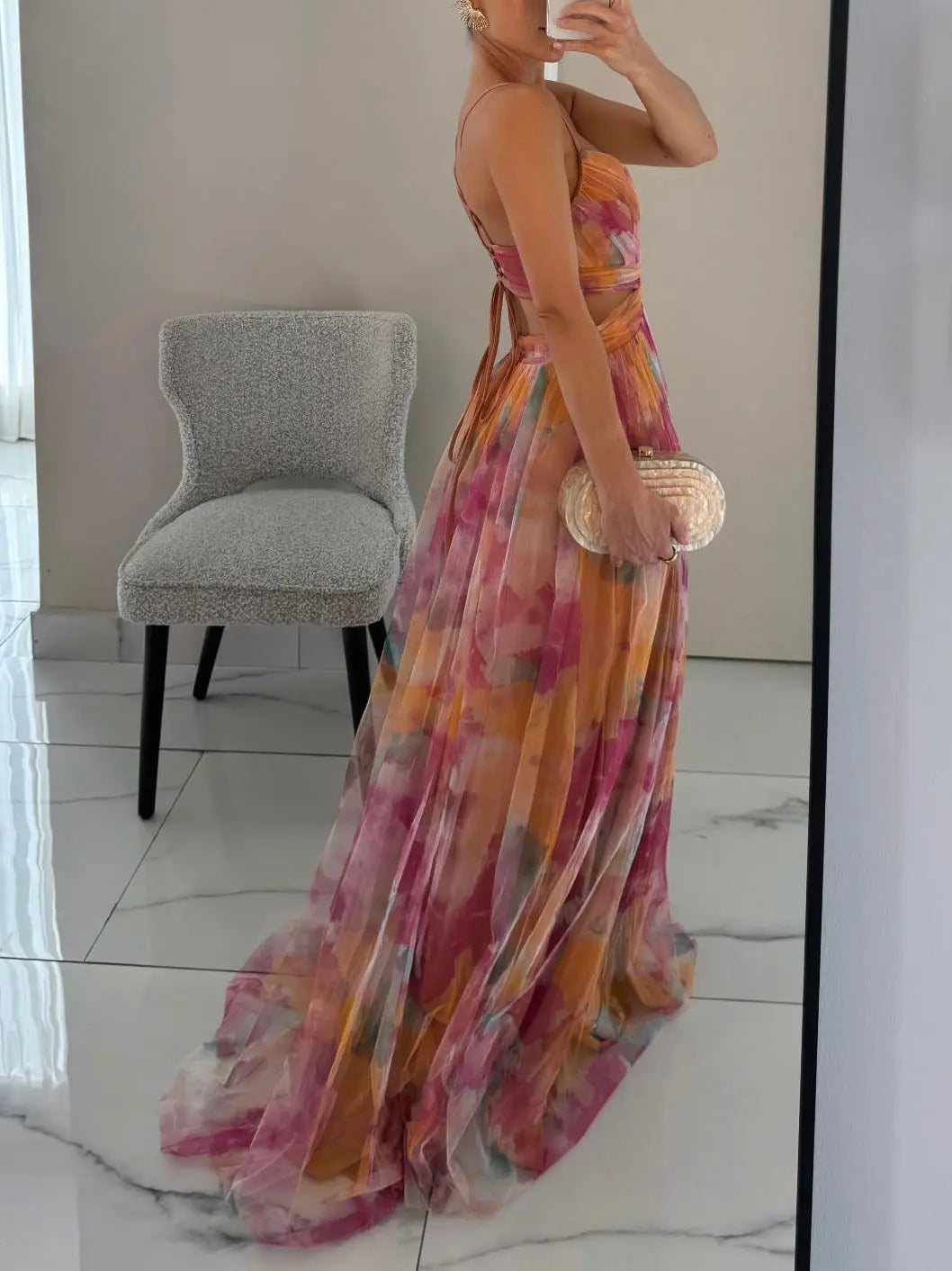 Elegant Painted Floral Print V-Neck A-Line Maxi Dress Elsen Amsterdam