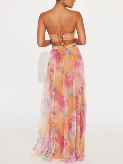 Elegant Painted Floral Print V-Neck A-Line Maxi Dress Elsen Amsterdam