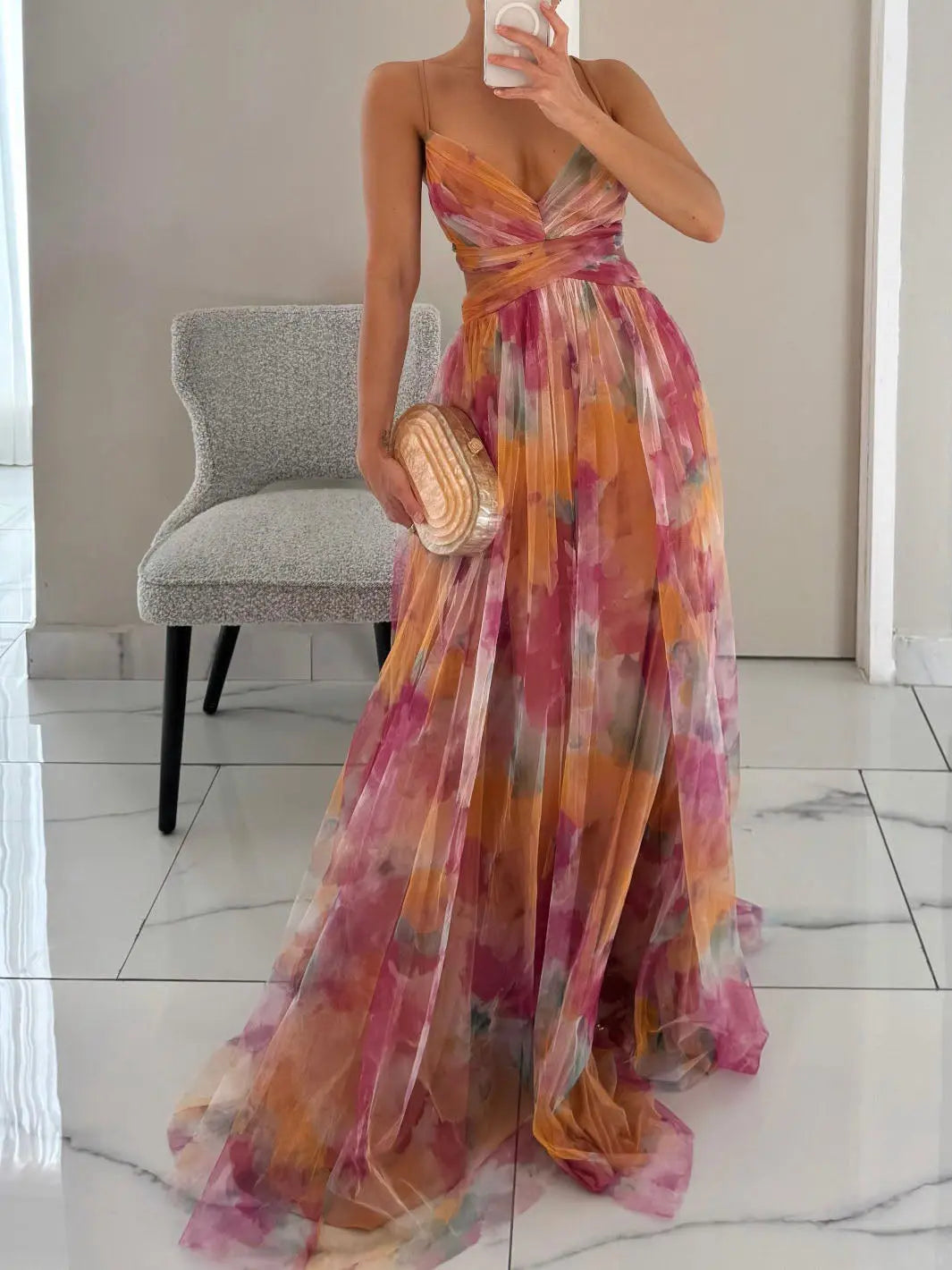 Elegant Painted Floral Print V-Neck A-Line Maxi Dress Elsen Amsterdam