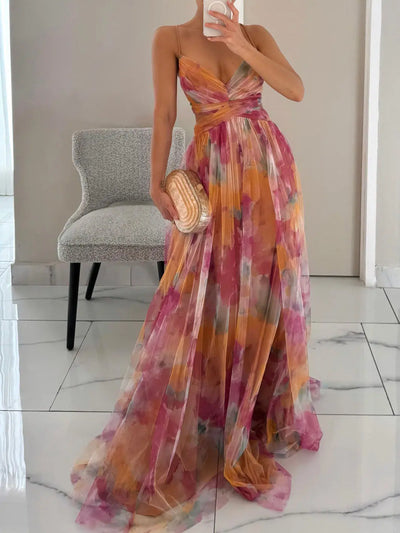Elegant Painted Floral Print V-Neck A-Line Maxi Dress Elsen Amsterdam