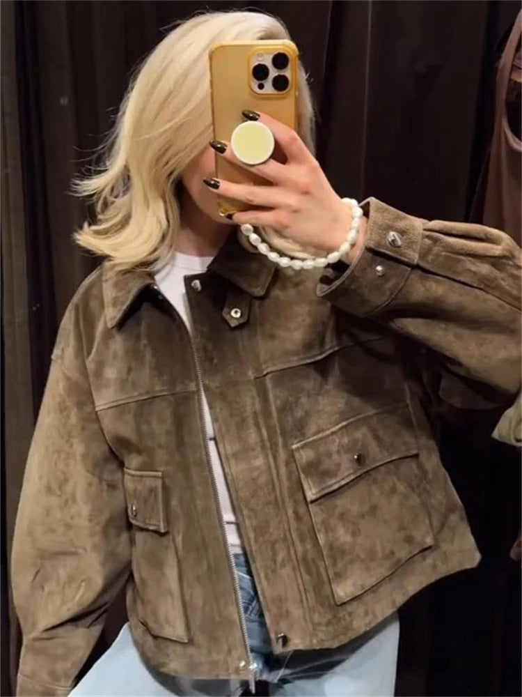 The Suede Collar Cropped Jacket - Retro Fit
